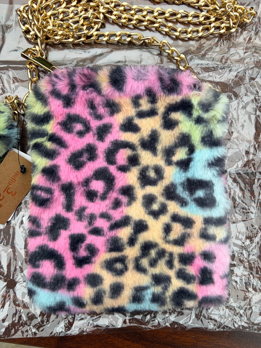 Hello 3AM Multicolor Leopard Faux Fur Crossbody Bag Gold Chain NWT